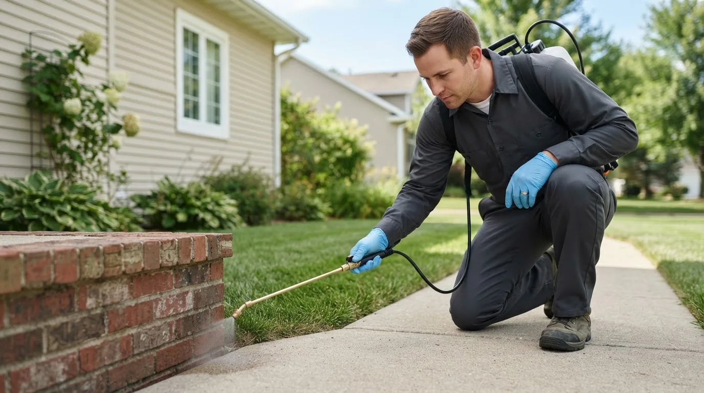 Pest control technician treating a home near Rice, TX