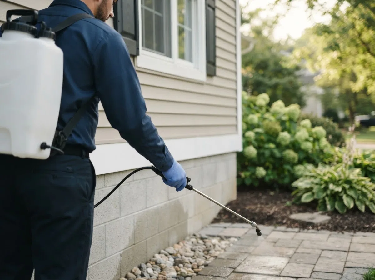 Pest control technician inspecting a home in Rice, TX